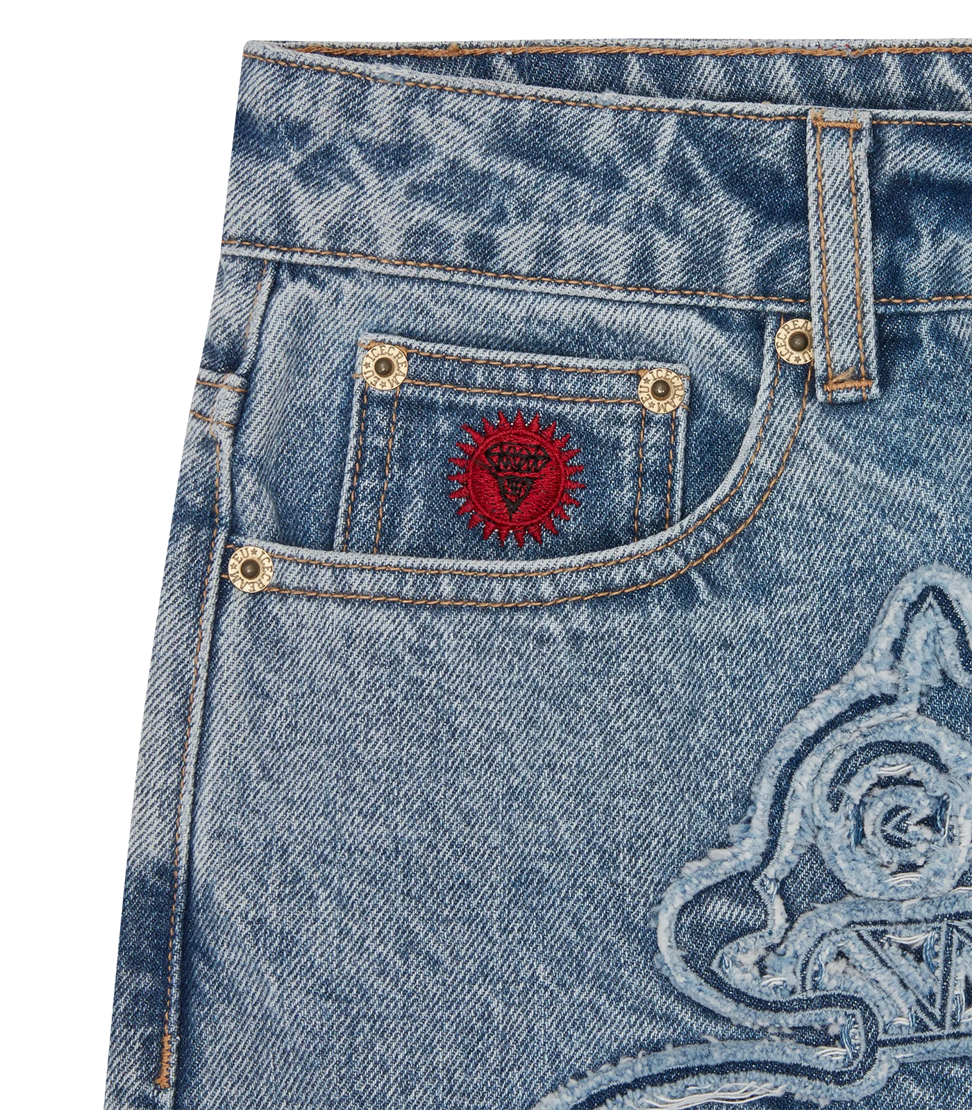 APPLIQUE RUNNING DOG DENIM PANTS - LIGHT WASH BLUE - Image 4