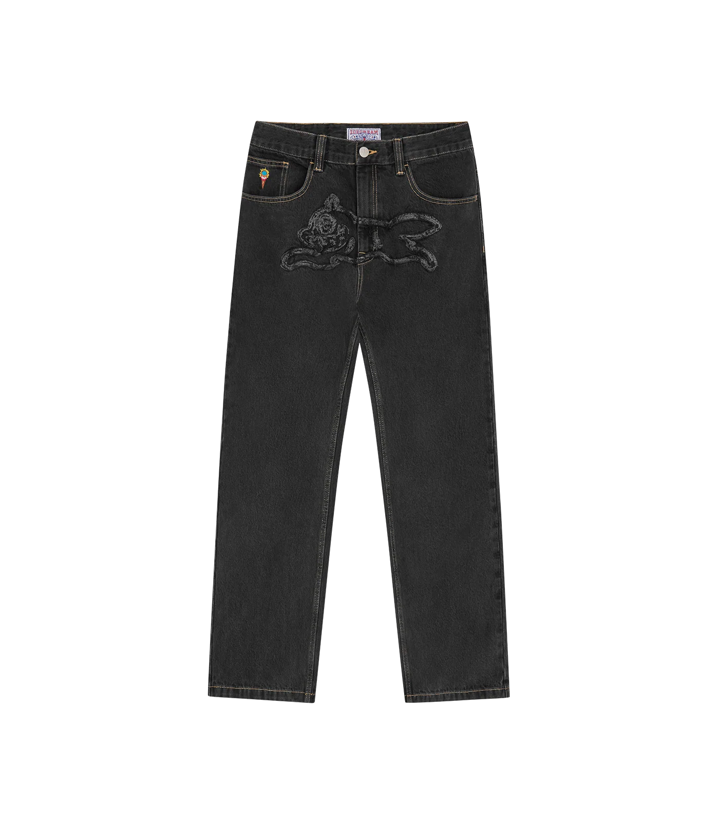 APPLIQUE RUNNING DOG DOUBLE SCOOP DENIM PANTS - BLACK