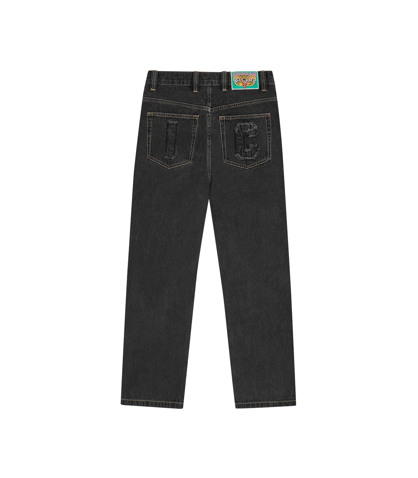 APPLIQUE RUNNING DOG DOUBLE SCOOP DENIM PANTS - BLACK - Image 4