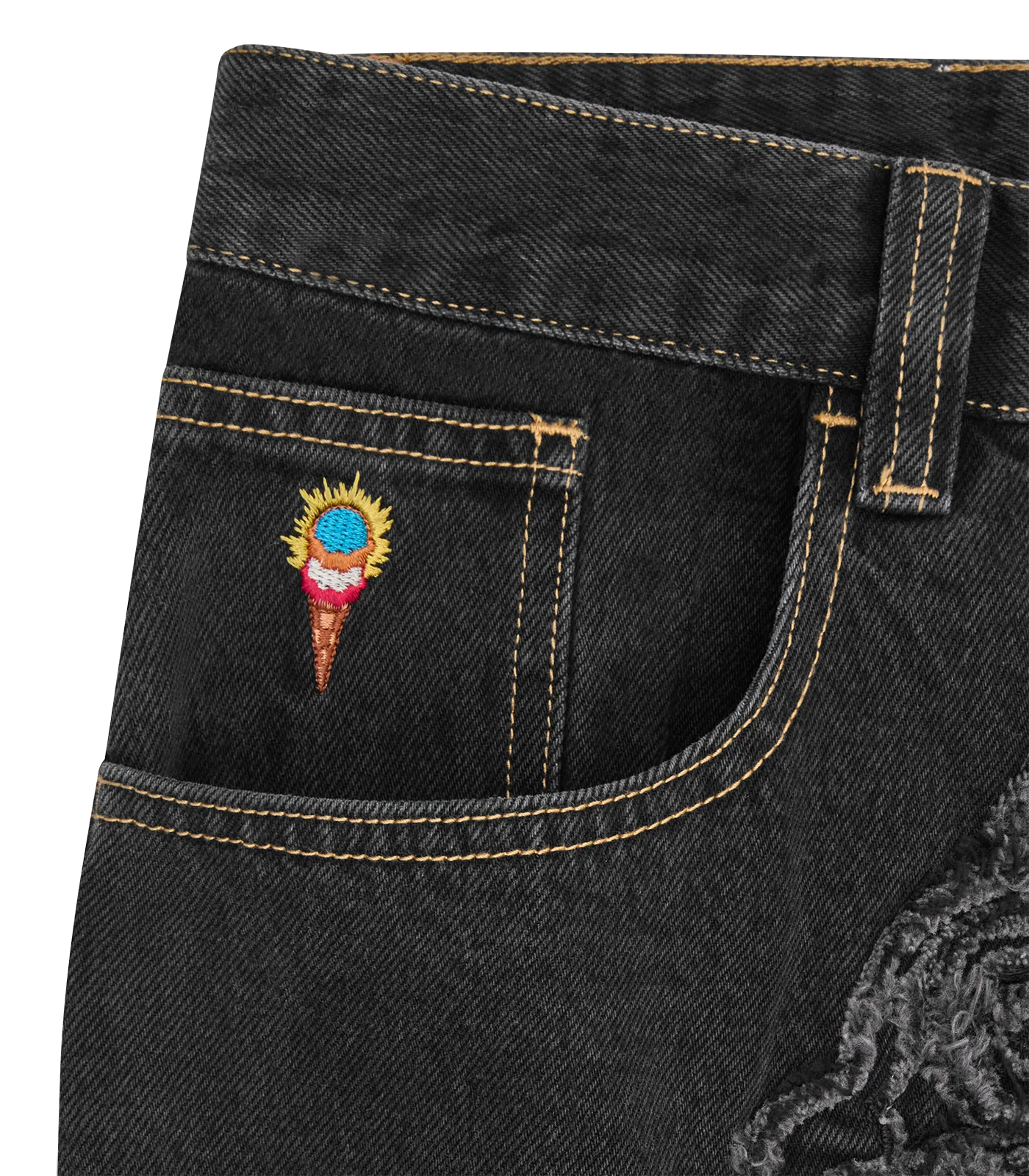 APPLIQUE RUNNING DOG DOUBLE SCOOP DENIM PANTS - BLACK - Image 5