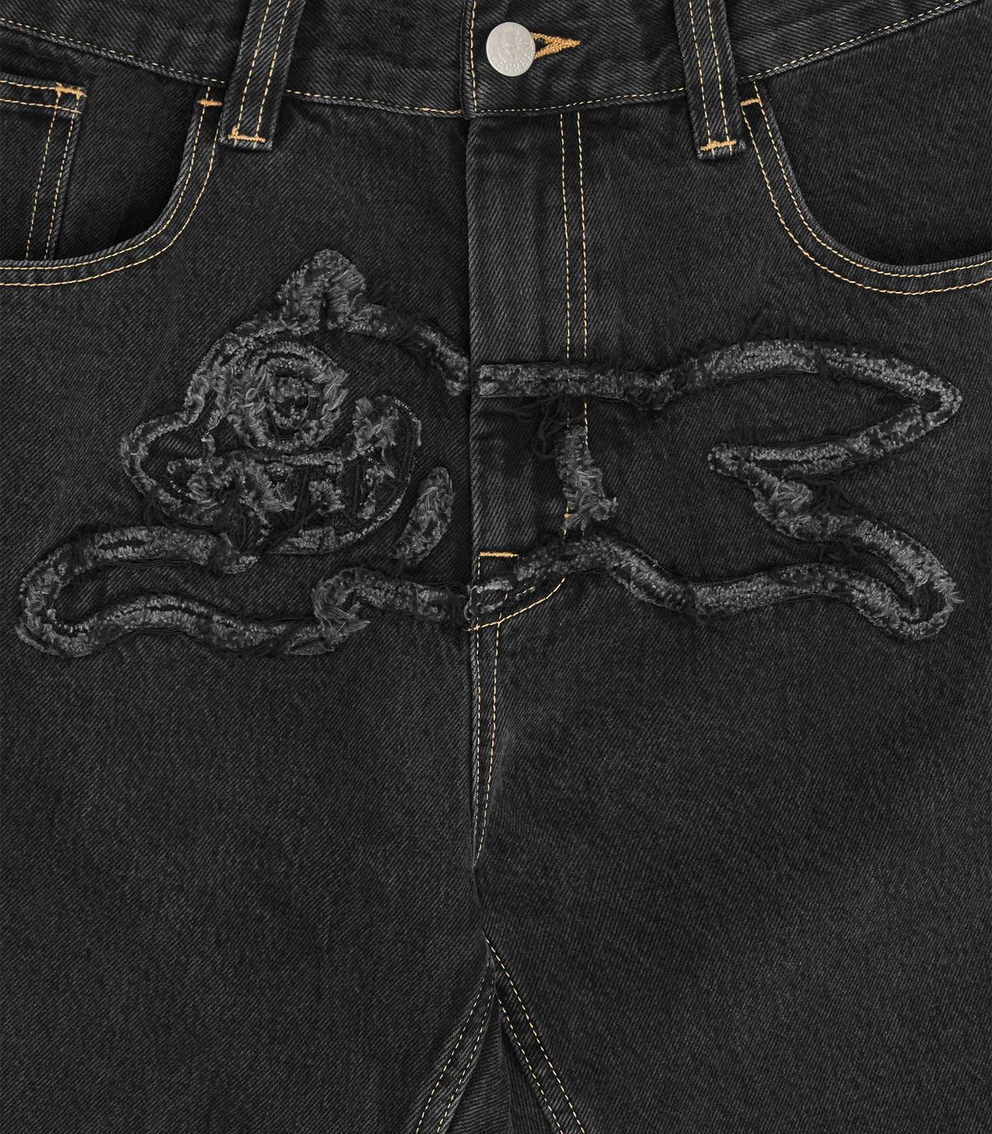 APPLIQUE RUNNING DOG DOUBLE SCOOP DENIM PANTS - BLACK - Image 6