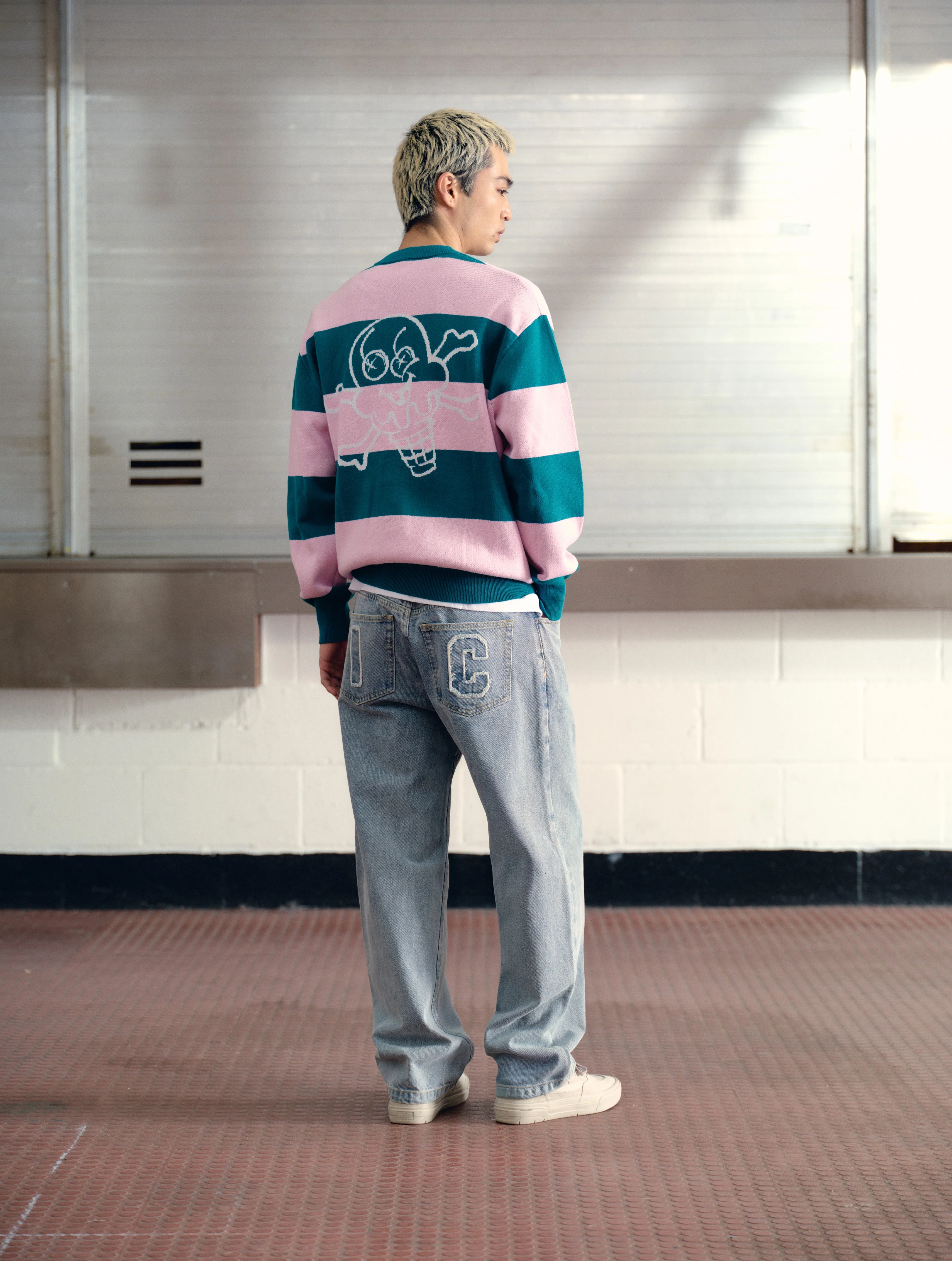 CONES & BONES STRIPED KNITTED CARDIGAN - PINK/GREEN STRIPE - Image 3