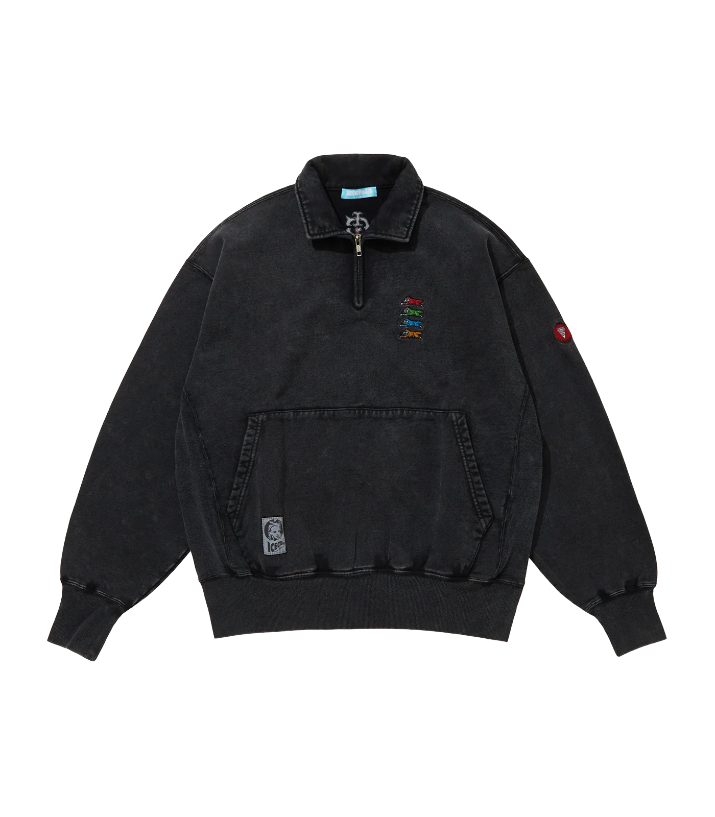 EMBROIDERED LOGO DAMAGED QUARTER ZIP SWEATSHIRT - BLACK