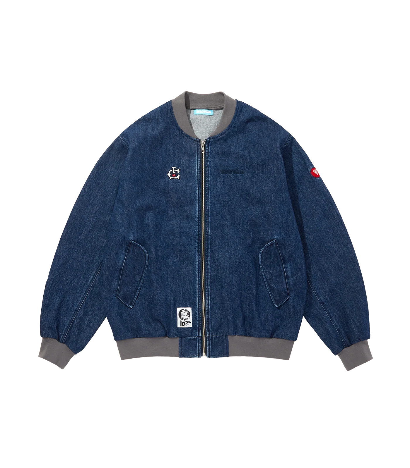 EMBROIDERED RUNNING DOG WASHED DENIM ZIP UP JACKET - BLUE