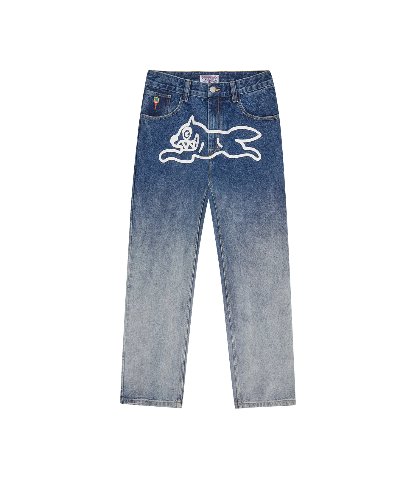 FADE OUT RUNNING DOG DOUBLE SCOOP DENIM PANTS - MID WASH BLUE