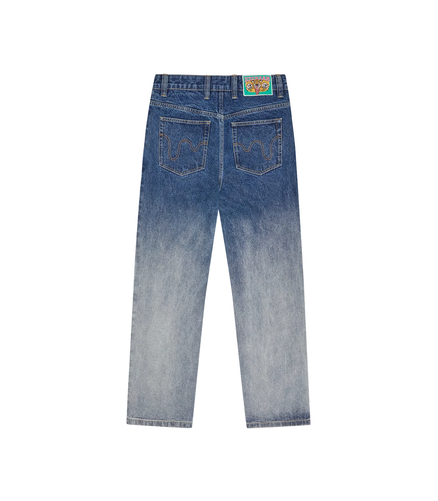 FADE OUT RUNNING DOG DOUBLE SCOOP DENIM PANTS - MID WASH BLUE - Image 4
