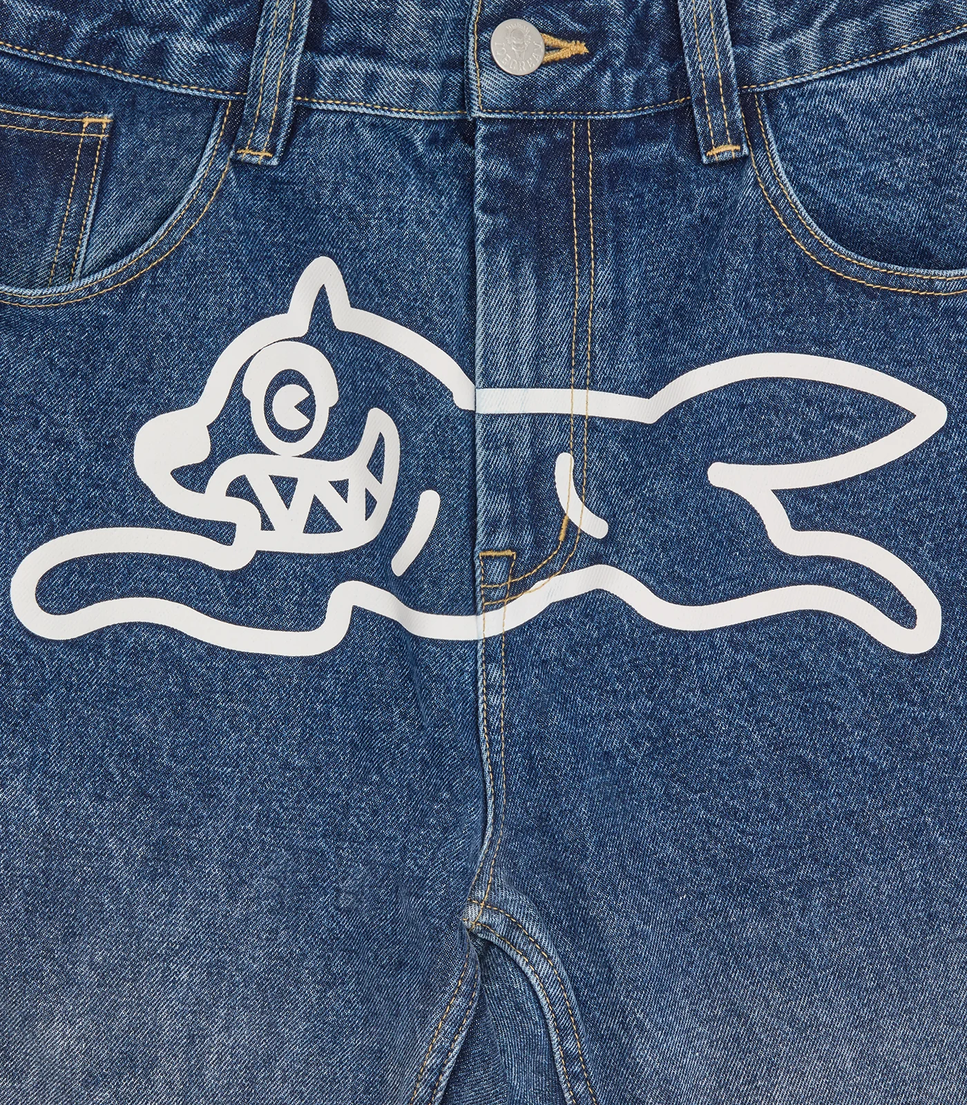 FADE OUT RUNNING DOG DOUBLE SCOOP DENIM PANTS - MID WASH BLUE - Image 6