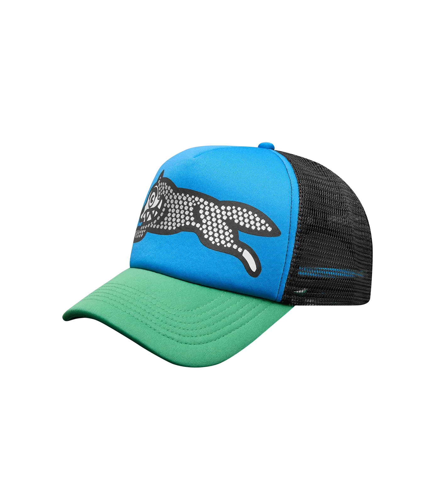 GLITTER RUNNING DOG TRUCKER CAP - BLUE/GREEN