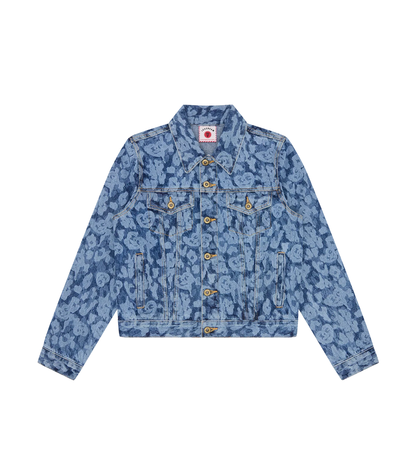 LASER CAMO DENIM TRUCKER JACKET - MID WASH BLUE