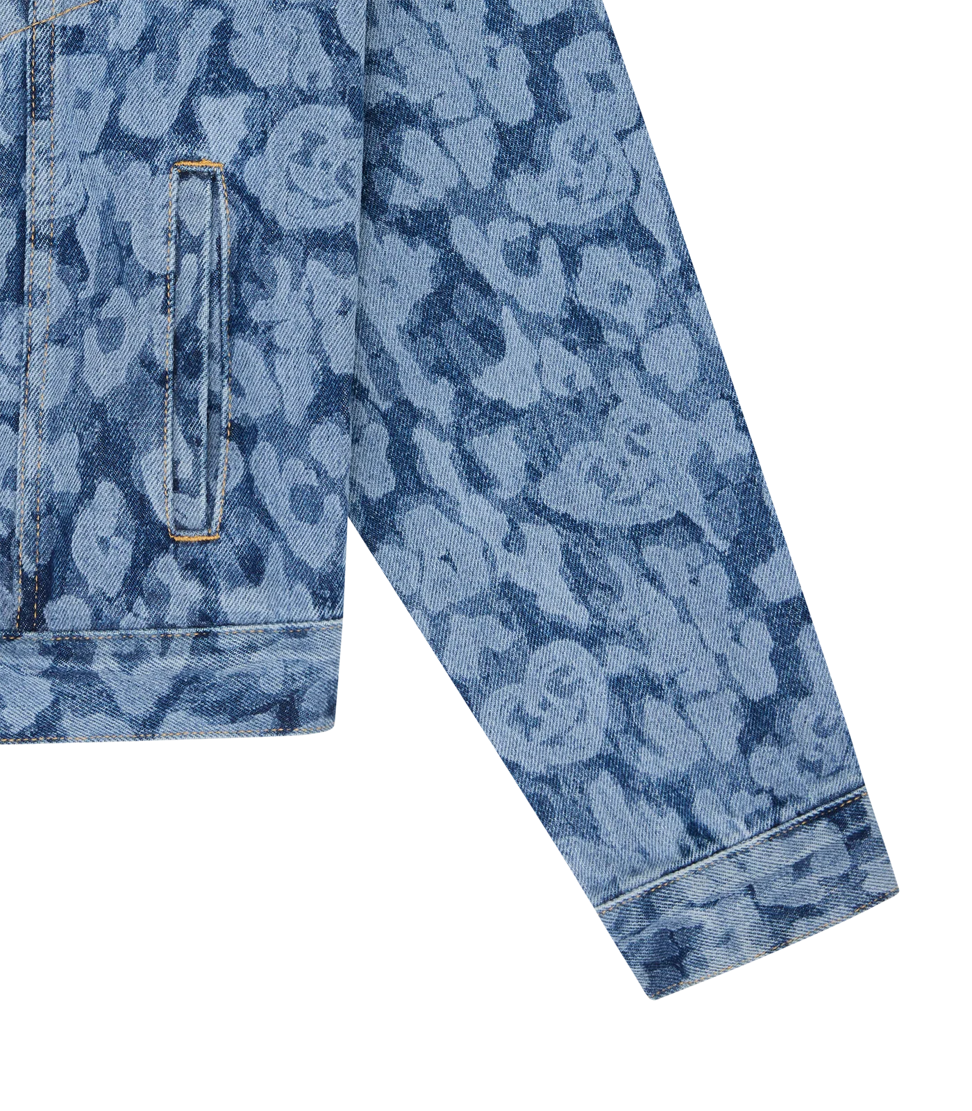 LASER CAMO DENIM TRUCKER JACKET - MID WASH BLUE - Image 3